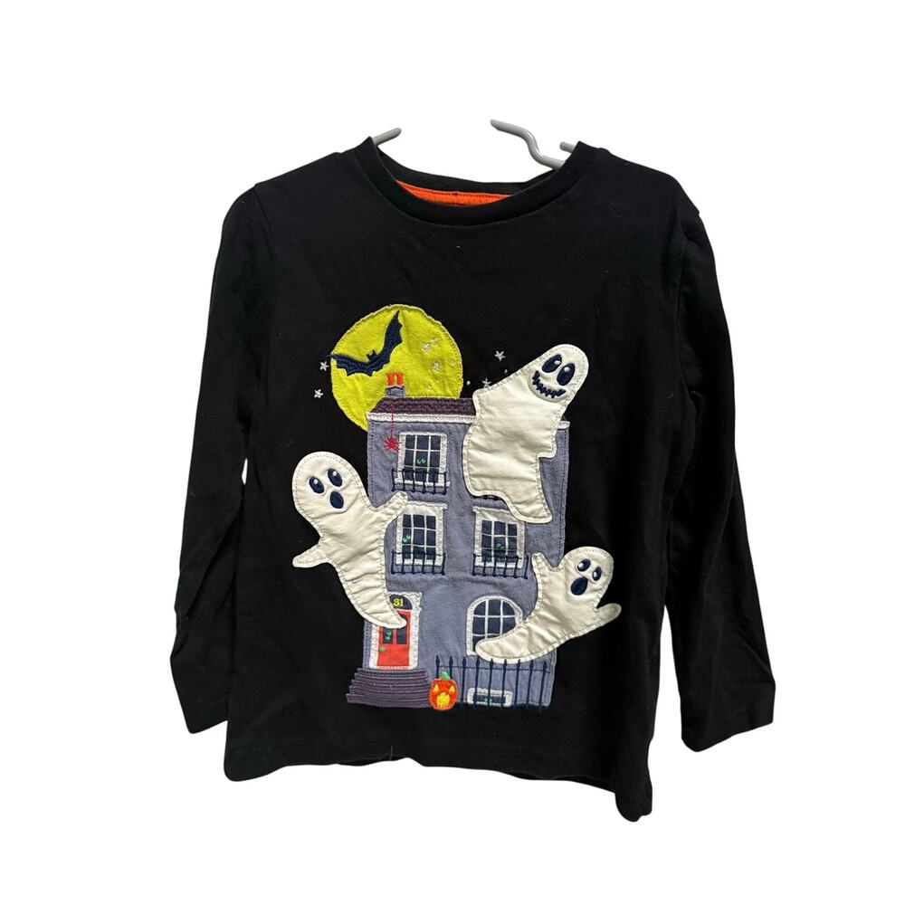 Mini Boden Halloween Shirt Kids 5-6 Haunted House Ghost Applique Black READ